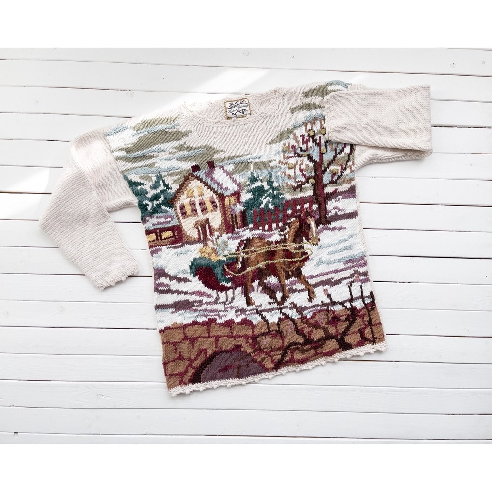 vtg Heirloom Collectibles Victorian sleigh ride hand knit sweater‎ S
